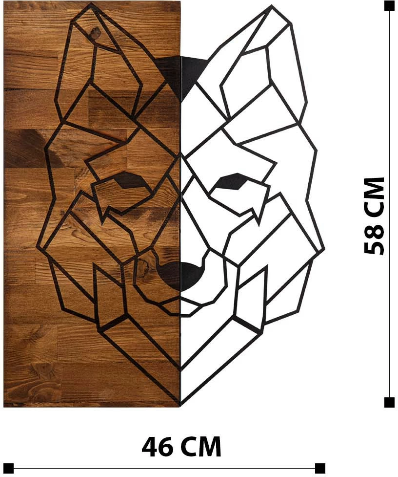 Aksesor dekorativ për mur, dru dhe metal, dizajn ujku, Wallity, ngjyrë e zezë dhe arre, 45.5x58cm