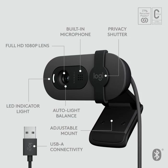 Webcam Logitech Brio 105 Full HD 1080p USB-A me shutter privatësie, e zezë