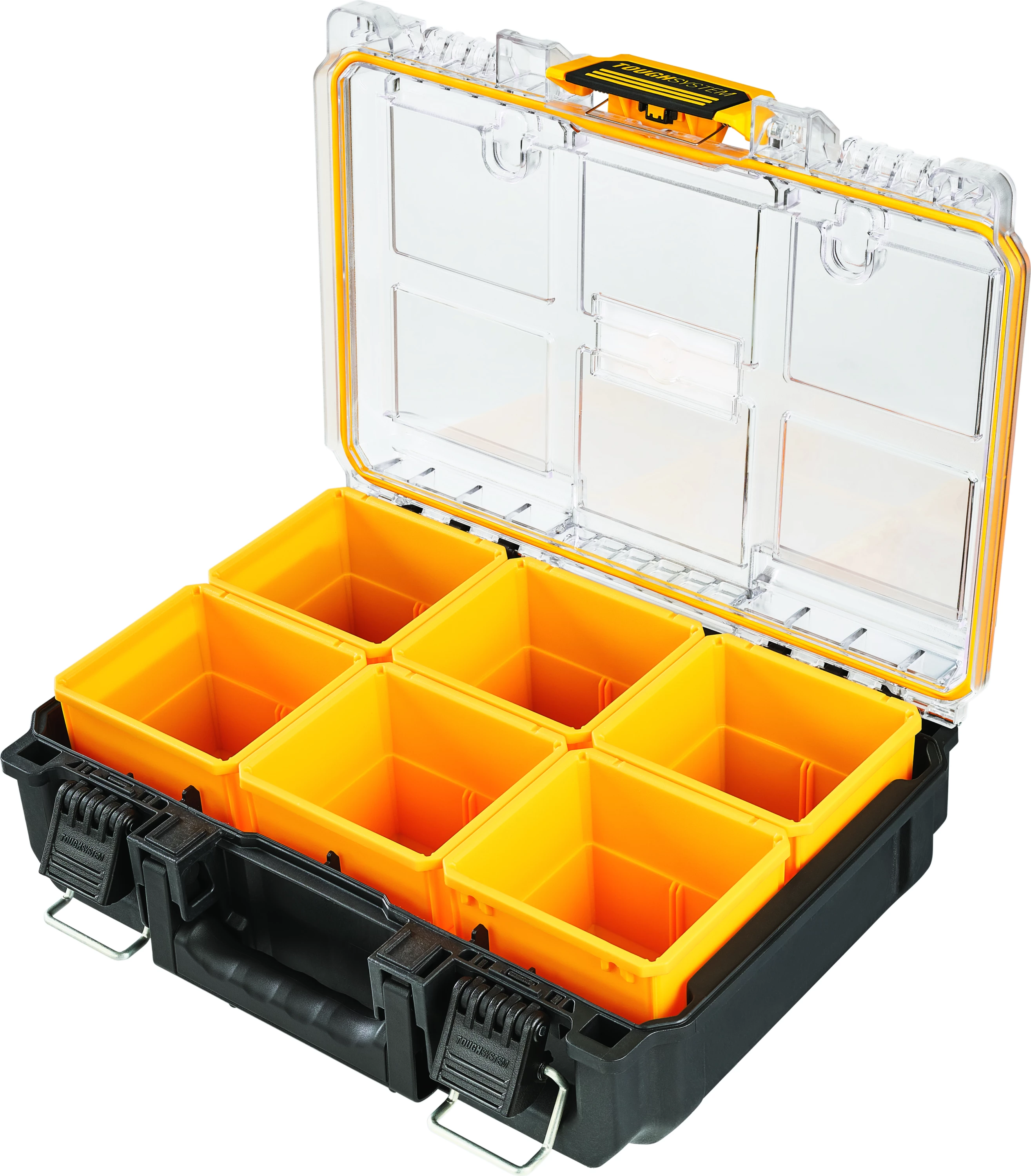 Organizator i thellë veglash Dewalt ToughSystem 2.0 DWST83392-1, IP65, 370 x 130 mm, 6 kupa të heqshme, e verdhë/zezë