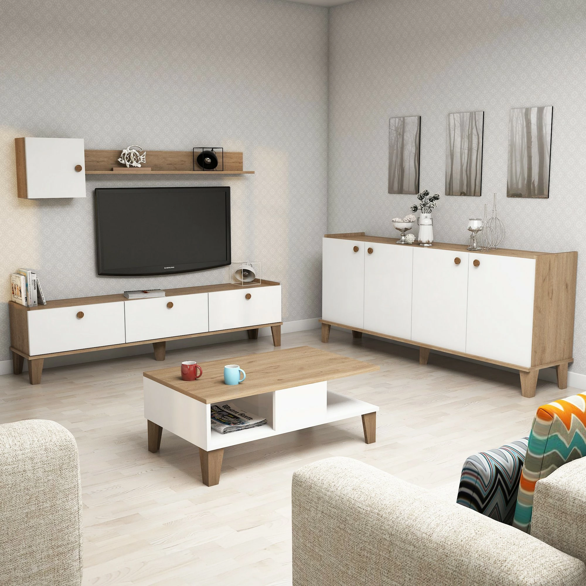 Set mobiljesh për dhomë dite, Hanah Home, Sumer 3, ngjyrë lis dhe e bardhë
