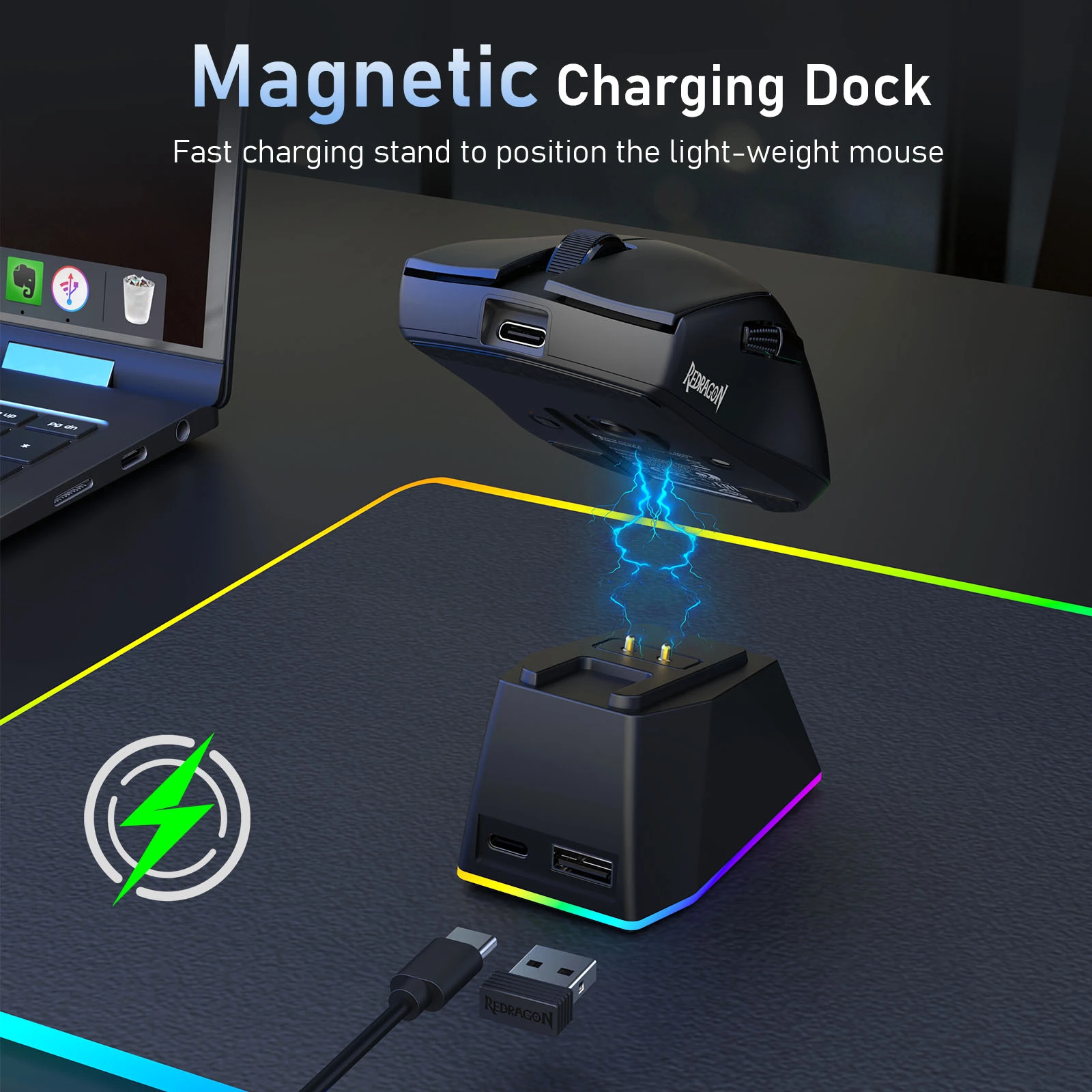 Maus gaming Redragon King Ultra M999, 2.4GHz wireless + Bluetooth 5.1 + wired, 5 nivele DPI, zi, me stacion karikimi RGB magnetik