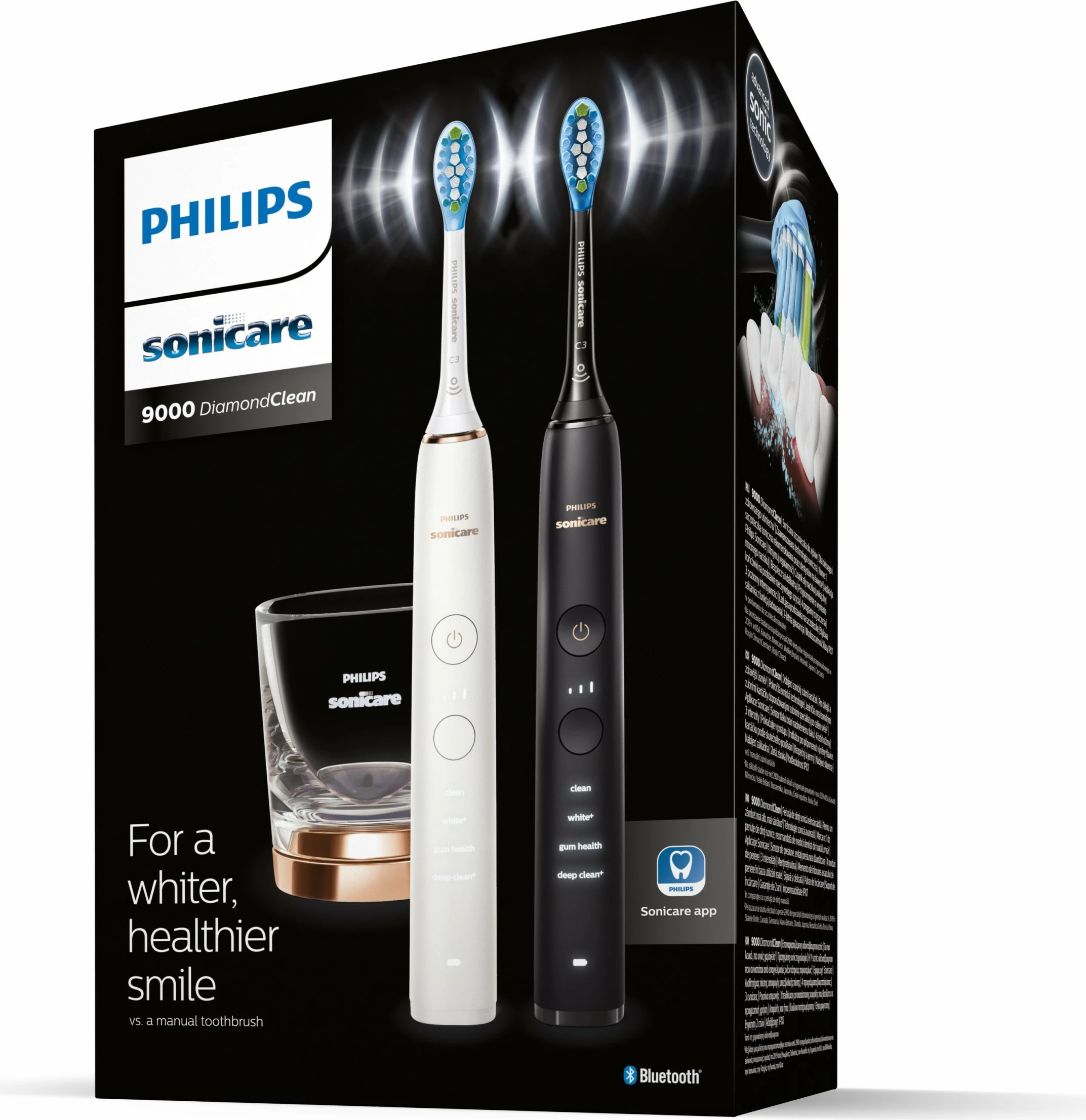 Furçë dhëmbësh elektrike Philips DiamondClean 9000 HX9914/57, sonic, 2 copë, me karikues, e zezë dhe e bardhë
