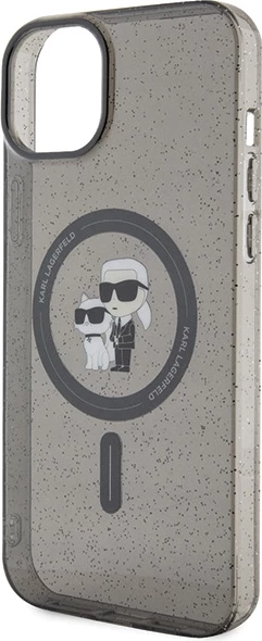 Mbështjellës Karl Lagerfeld Karl&Choupette Glitter MagSafe për iPhone 15, i zi