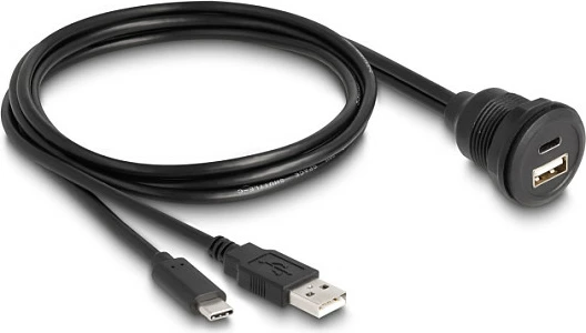 Kabllo USB DeLOCK USB 2.0, USB-A & USB-C mashkull në USB-A & USB-C femër (panel-mount), 1 m, e zezë