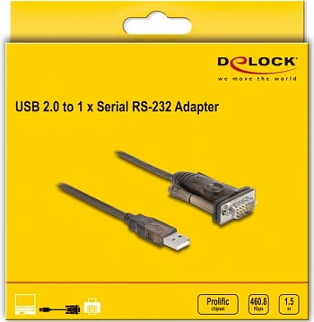 Adapter DeLOCK USB 2.0 Type-A në Serial RS-232 DB9, 1.5m, PL-2303 GS, i zi