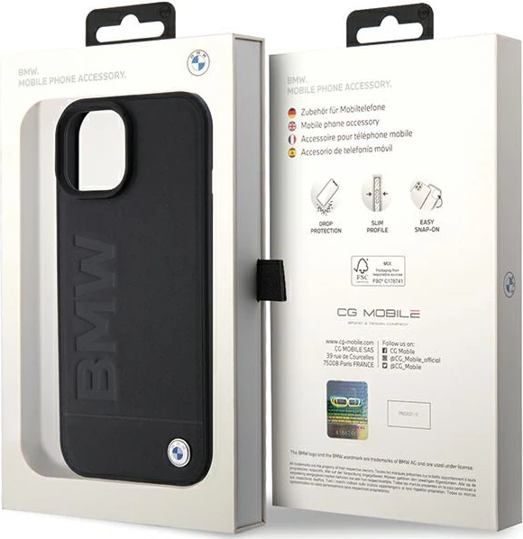 Mbështjellës BMW Leather Hot Stamp MagSafe për iPhone 15 Plus 6.7\", lëkurë hardcase, i zi