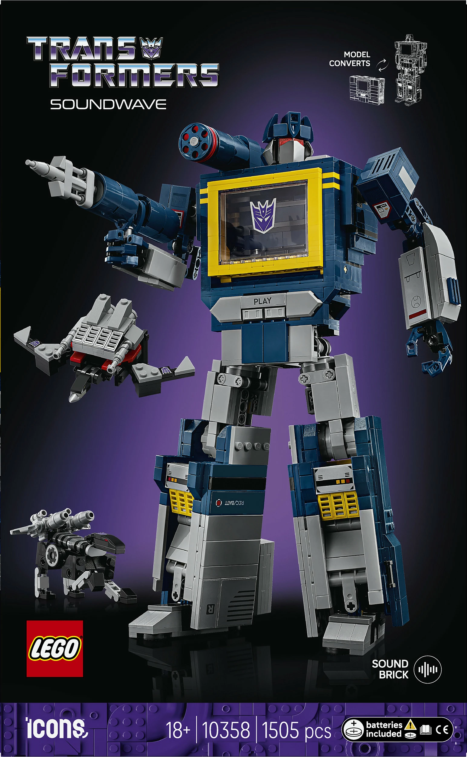 Set ndërtimi LEGO Icons Transformers Soundwave 10358, 1505 pjesë, 18+, multikolor