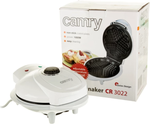 Pjekës waffle Camry CR3022 1000 W, 5 waffle në formë zemre, shtresë qeramike jo-ngjitëse, i bardhë
