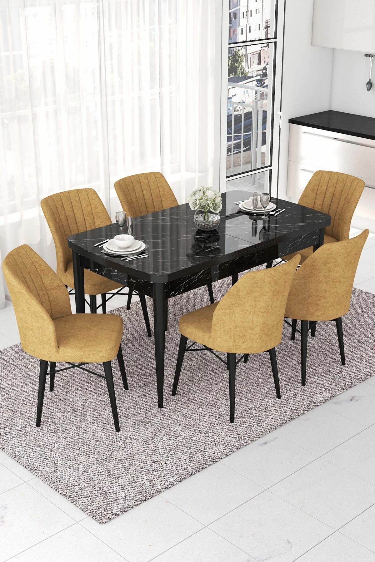 Tavolinë me karrige, e zgjatshme, 7 copë, Skye Decor, mermer i zi, kapuçino