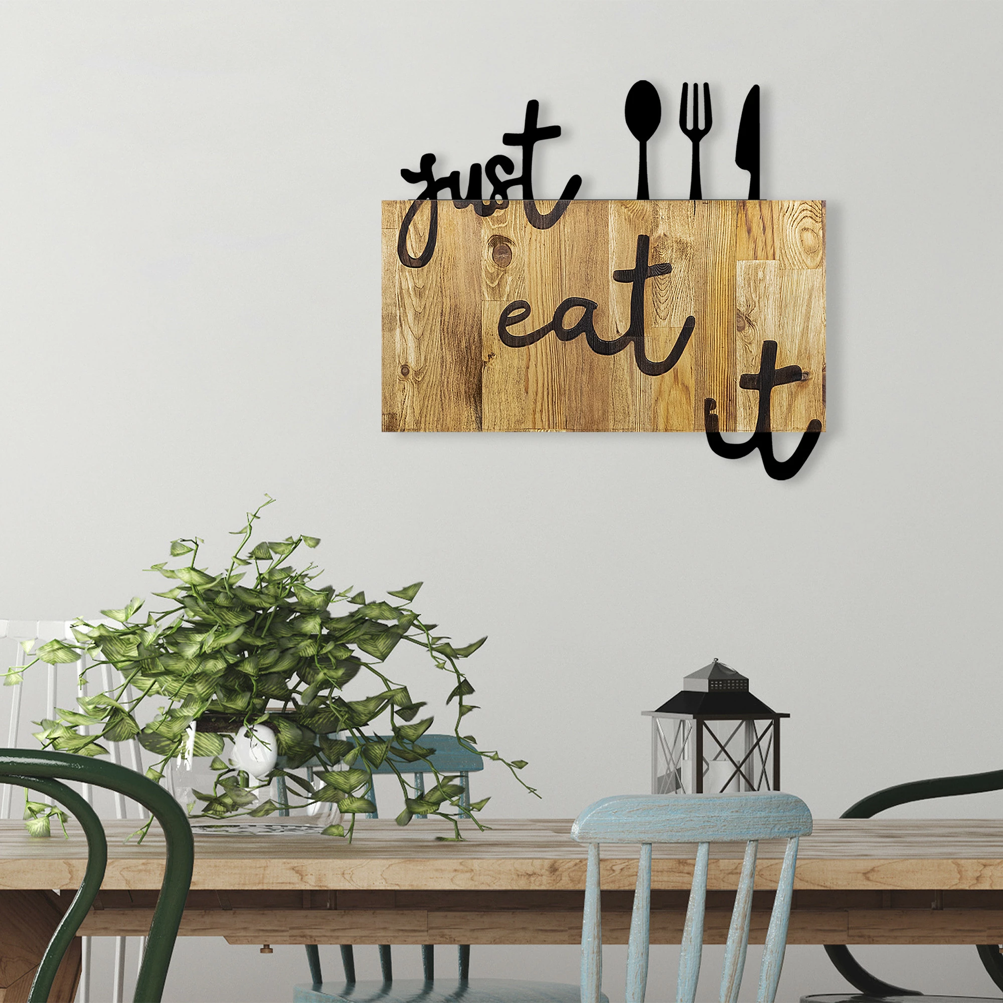 Aksesor dekorativ prej druri për mur, Wallity, Just Eat It, ngjyrë arre dhe e zezë, 58x3x52cm