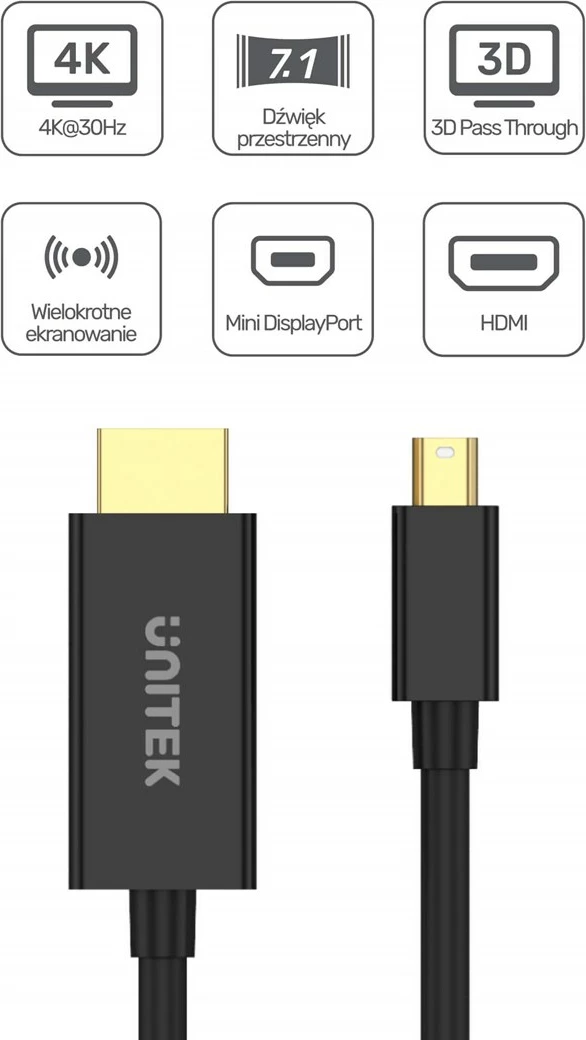 Kabllo përshtatëse Unitek, V1152A, miniDP-HDMI, 30 Hz, 2 m, e zezë