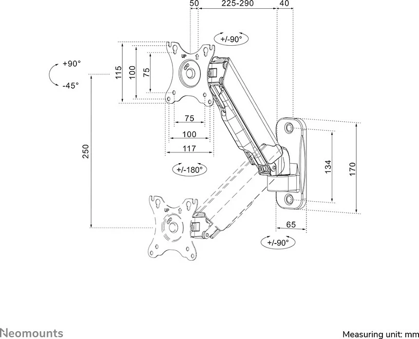 Mbajtëse muri për monitor/TV Neomounts WL70-440BL11, gas spring, full motion, 17-32 inç, e zezë