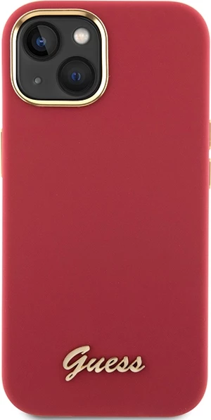 Mbështjellës Guess Silicone Script Metal Logo & Frame për iPhone 15, Kuq