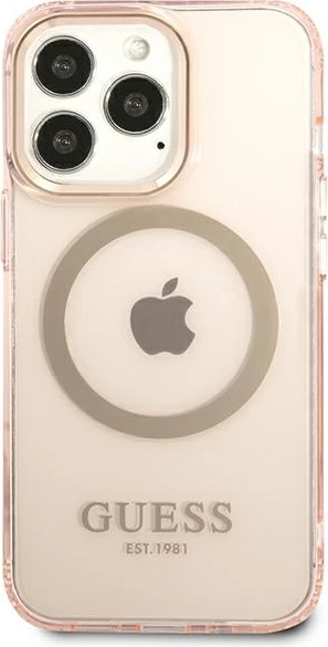 Mbështjellës Guess Gold Outline Translucent MagSafe për iPhone 13 Pro Max, rozë