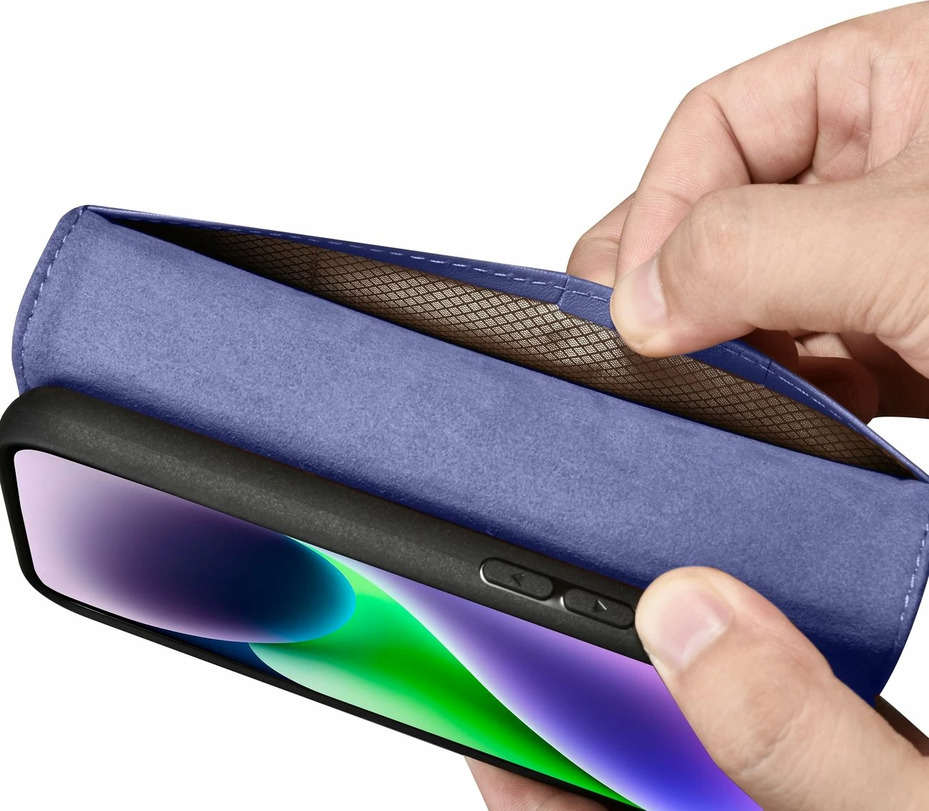Mbështjellës iCarer Wallet Case 2in1 për iPhone 14 Plus, lëkurë natyrale, Anti-RFID, Vjollcë e çelët