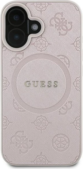 Mbështjellës Guess Saffiano Peony Classic Logo MagSafe për iPhone 16 Plus, Rozë