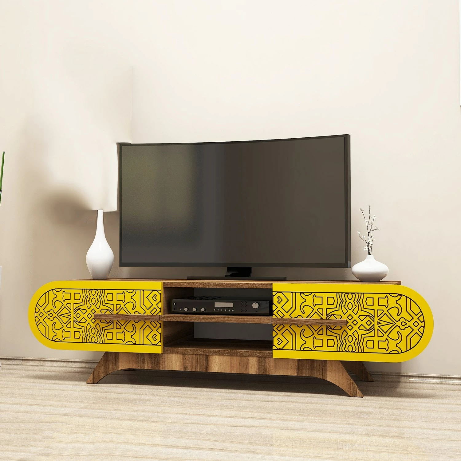 Komodë TV Hanah Home, Defne, ngjyrë arre dhe e verdhë