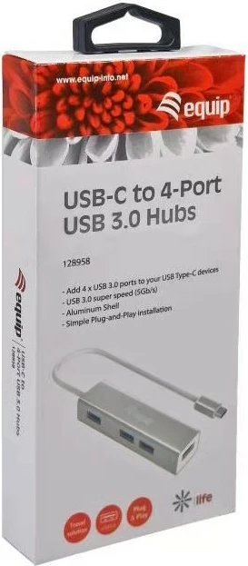 USB hub Equip 4 porte USB 3.0, Type-C, 5000 Mbit/s, alumini, argjendtë