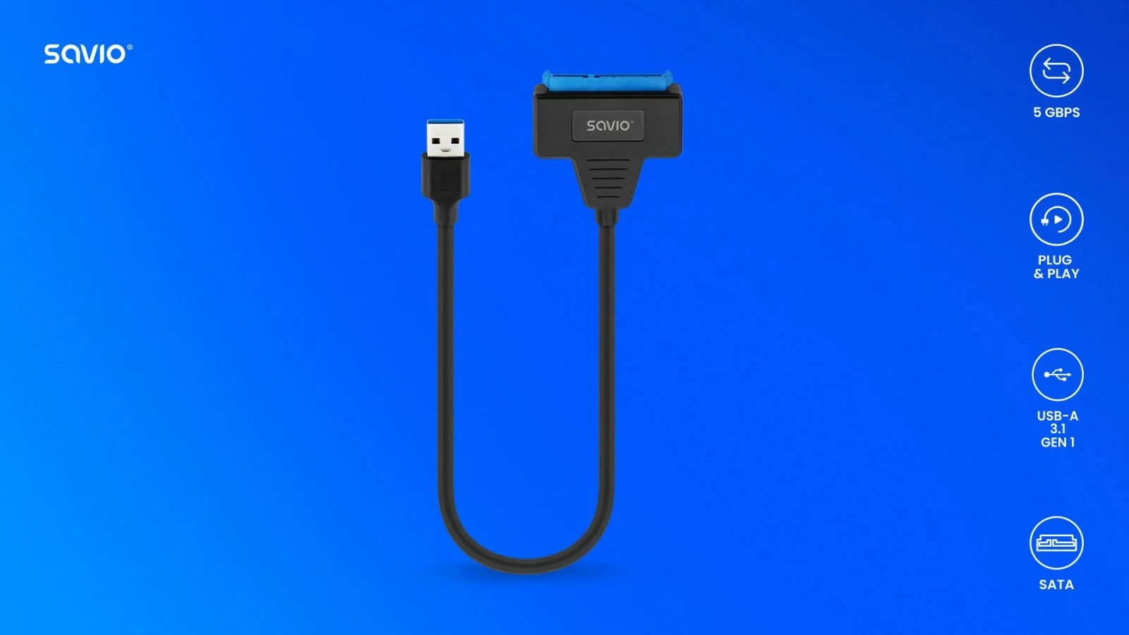 Adapter Savio AK-68, USB-A 3.1 Gen 1 në SATA për disqe 2.5 inç, i zi