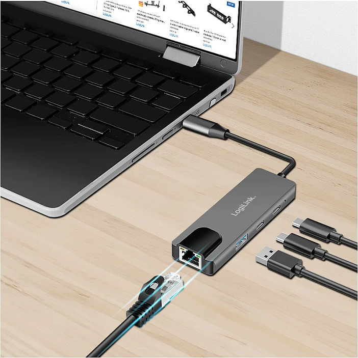 USB-C Hub LogiLink USB 3.2 Gen1, 3 porta, Ethernet 2.5G, gri