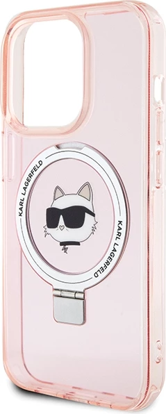 Mbështjellës Karl Lagerfeld KLHMP15LHMRSCHP për iPhone 15 Pro 6.1", me unazë Ring Stand, MagSafe, rozë