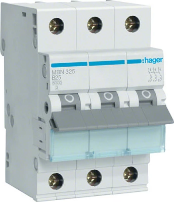 Ndërprerës automatik Hager MBN325, 3P, B25A, 6kA, 3 modul, i bardhë/gri
