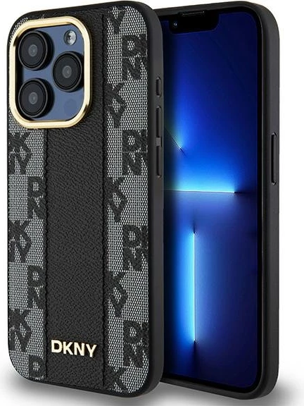 Mbështjellës DKNY Leather Checkered Mono Pattern MagSafe për iPhone 15 Pro, i zi