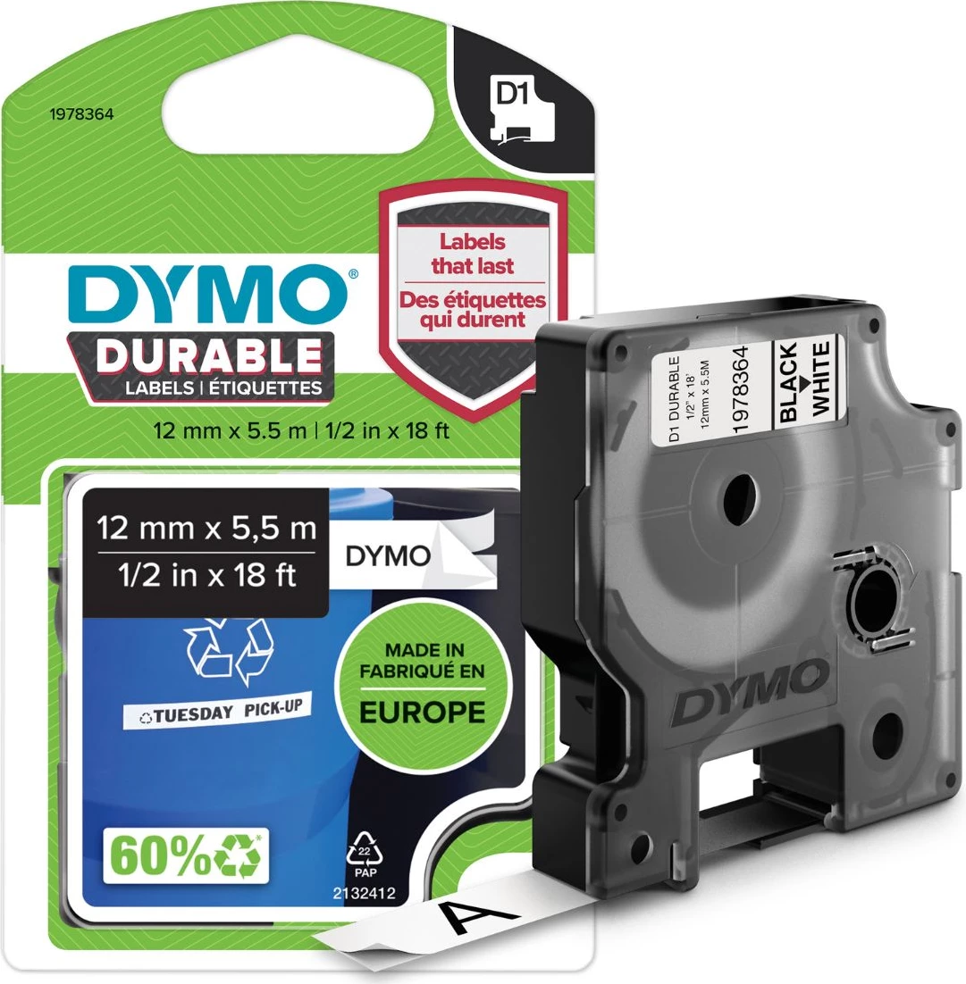Kasetë etiketa, Dymo, 1978364, D1 Durable 12mm x 5.5m, e zezë në të bardhë