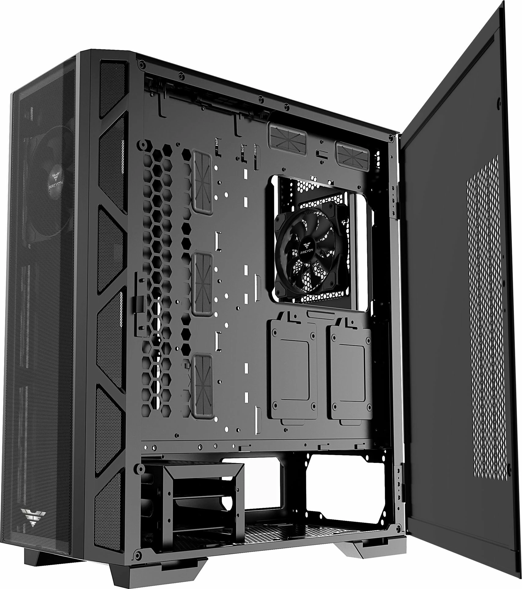 Kasë PREYON Nest Meshy PRENM02B Midi Tower ATX/eATX me xham të kalitur, 2 ventilatorë, e zezë
