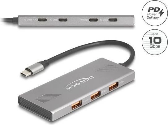 USB Hub DeLOCK 7-Port, 4x USB-C + 3x USB-A, USB 3.2 Gen 2, 10Gbps, PD 80W, Gri