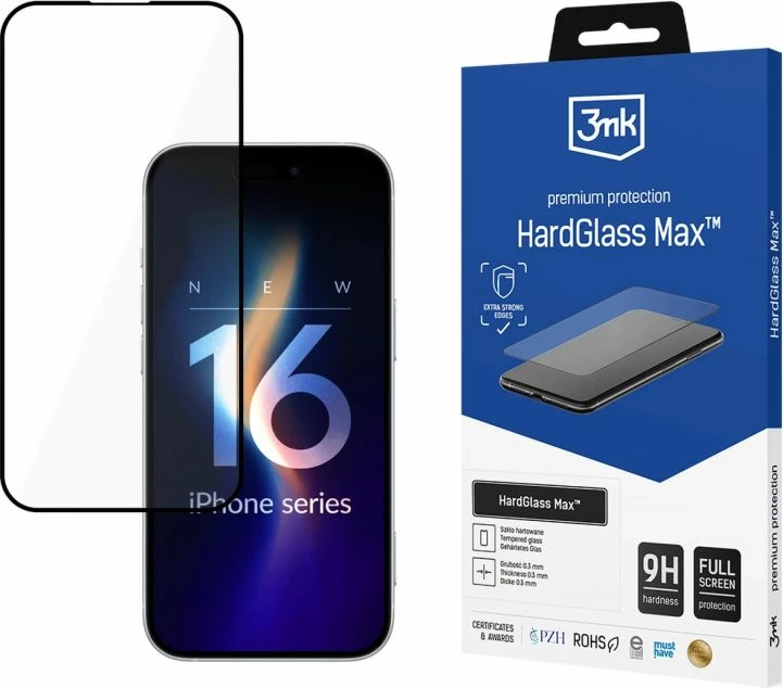 Mbrojtës ekrani xham i fortë 3mk HardGlass Max për iPhone 16 Pro Max, i zi