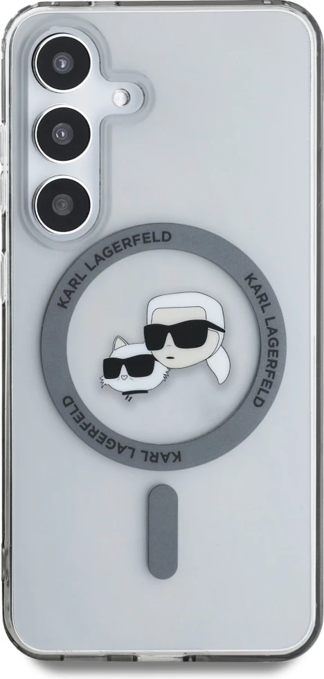 Mbështjellës Karl Lagerfeld Button Karl & Choupette Heads Printed Logo MagSafe për Samsung Galaxy S25, Zi