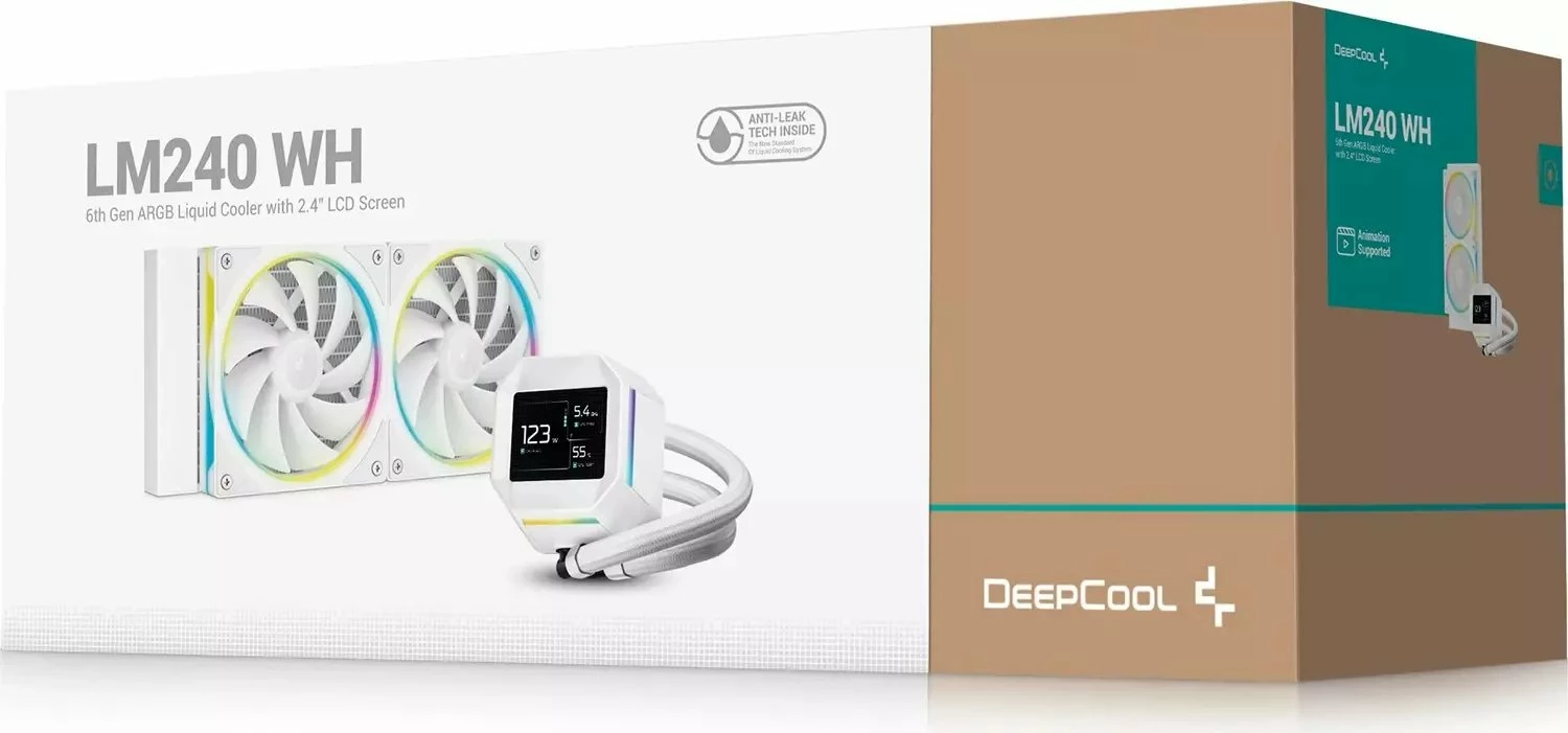 Ftohës uji AIO Deepcool LM240 WH 240 mm, ekran IPS 2.4\", ARGB, set 2x120 mm, i bardhë