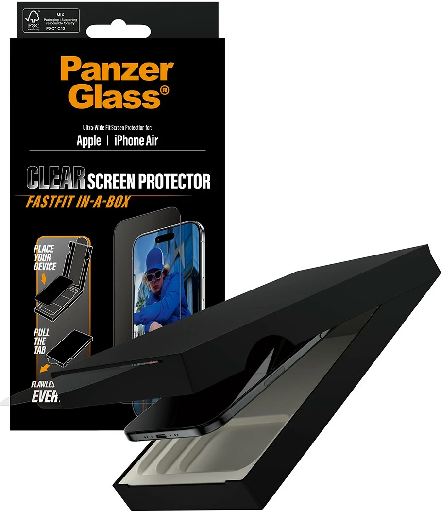 Xham mbrojtës PanzerGlass për iPhone Air, kornizë e zezë, UWF Fastfit