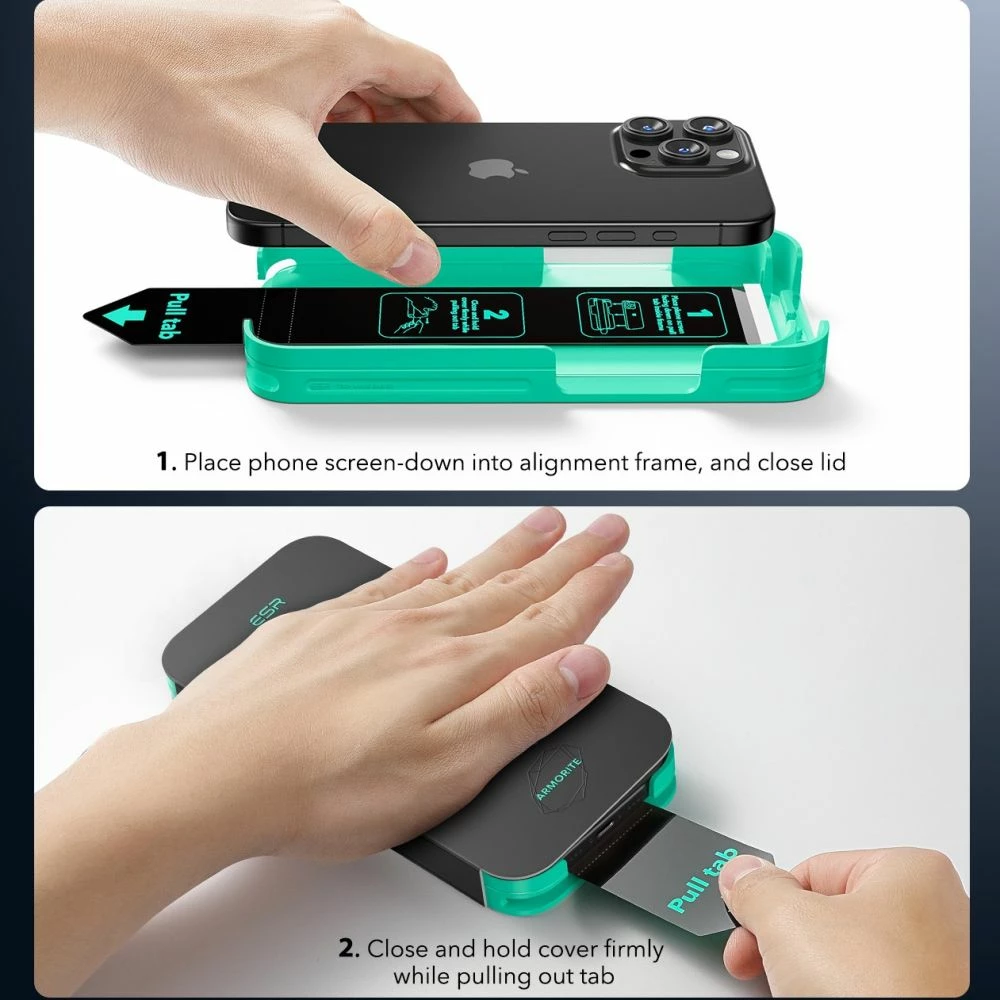 Mbrojtës ekrani xhami ESR Armorite për iPhone 16 me kornizë të zezë dhe aplikator