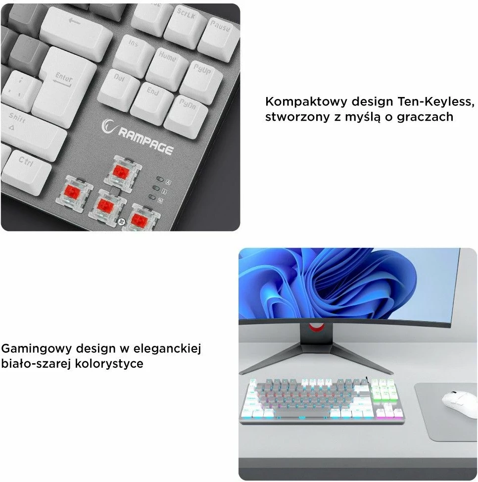 Tastierë mekanike Rampage Snug RGB, KRGD Red Switch, 80%, anglisht, e bardhë-gri