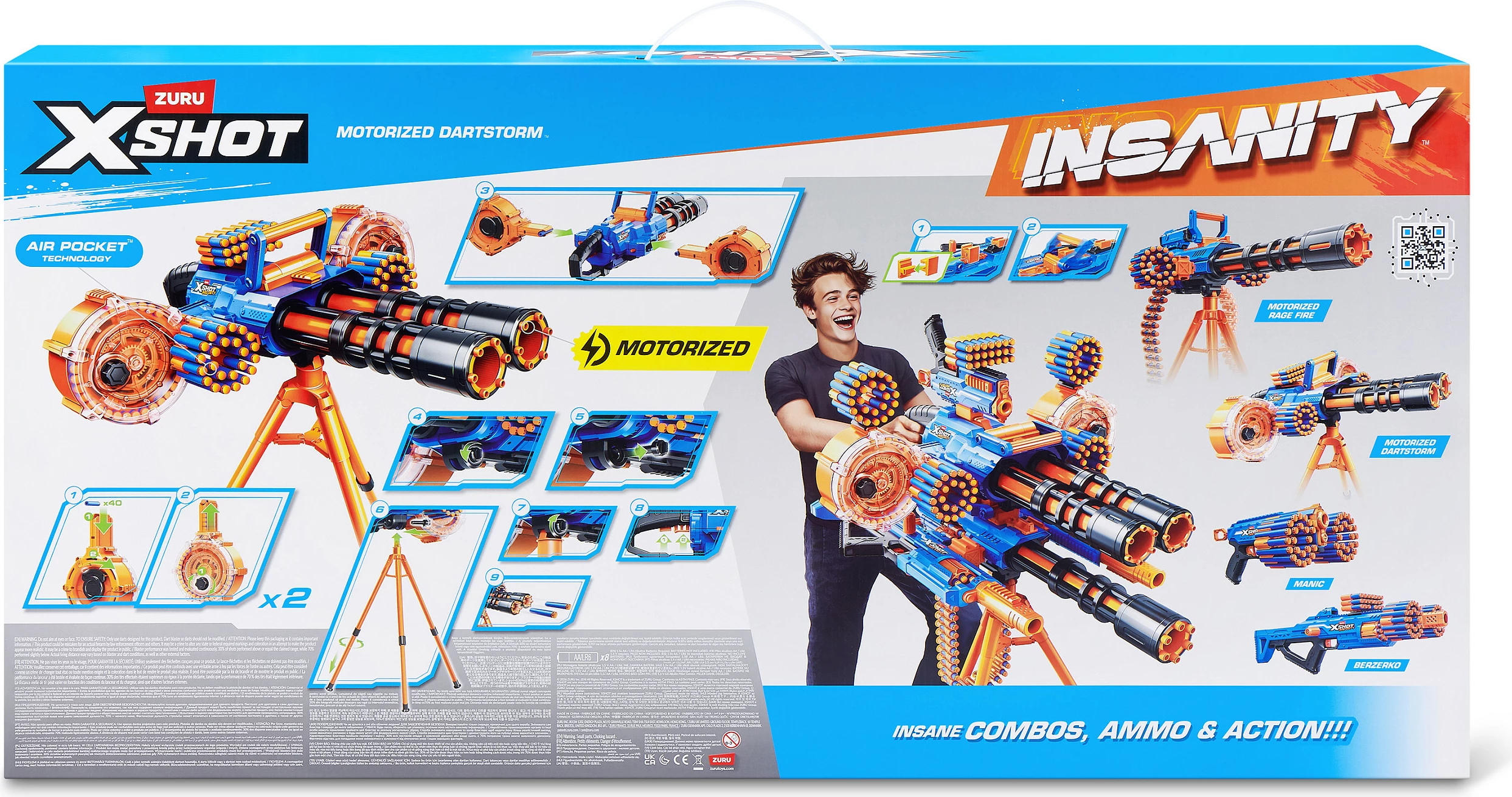 Blaster me dartsa ZURU XSHOT Insanity Series 1 Motorized Dartstorm, me tripod, 200 dartsa, portokalli/blu