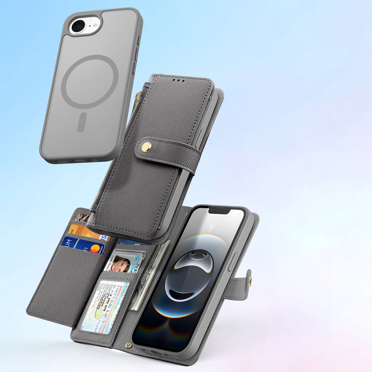 Mbështjellës Dux Ducis Lawa për iPhone 16e, lëkurë, me portofol magnetik, Gri