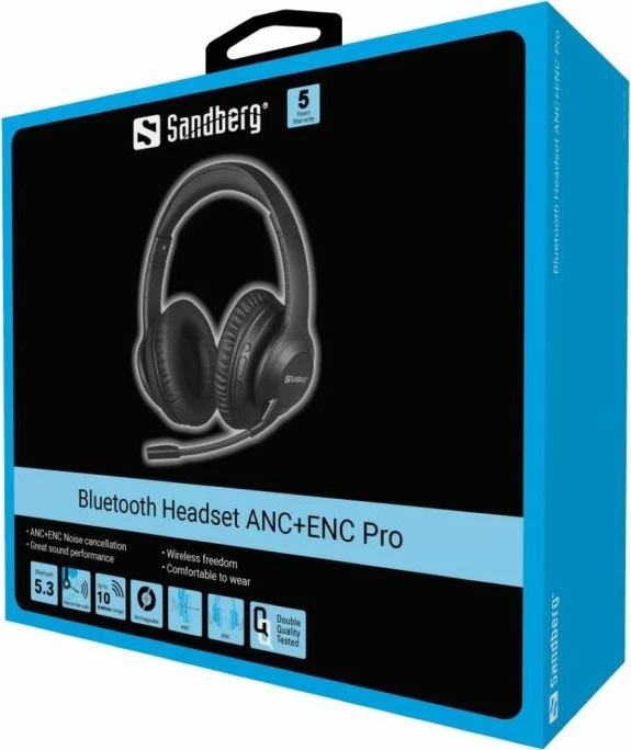 Kufje wireless me mikrofon, Sandberg 126-45, ANC+ENC, Bluetooth 5.3, deri 30 orë, të zeza, set
