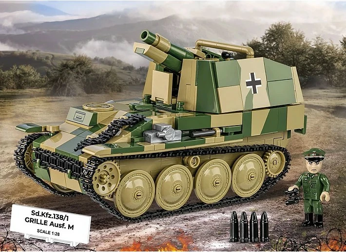 Set blloqe ndërtimi, Cobi, COBI-2665 Sd.Kfz.138/1 Grille Ausf. M, 720 elemente, shkallë 1:28, me figurë, kamuflazh jeshile