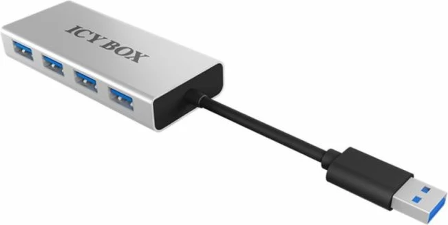 Hub USB-A 3.0 ICYBOX IB-AC6104 4-port, 5 Gbit/s, kasë alumini, kabllo e integrume, argjendtë