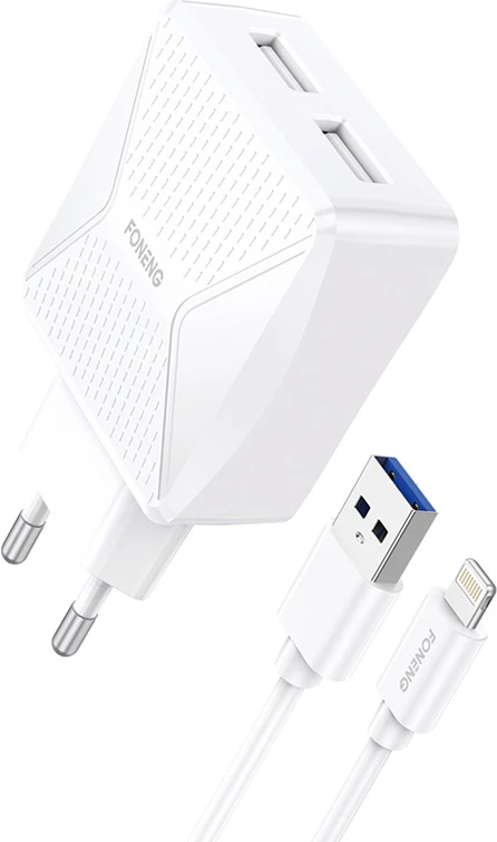 Karikues GaN Foneng EU50, 35W, 2x USB-C, me kabllo USB-C në Lightning, Bardhë