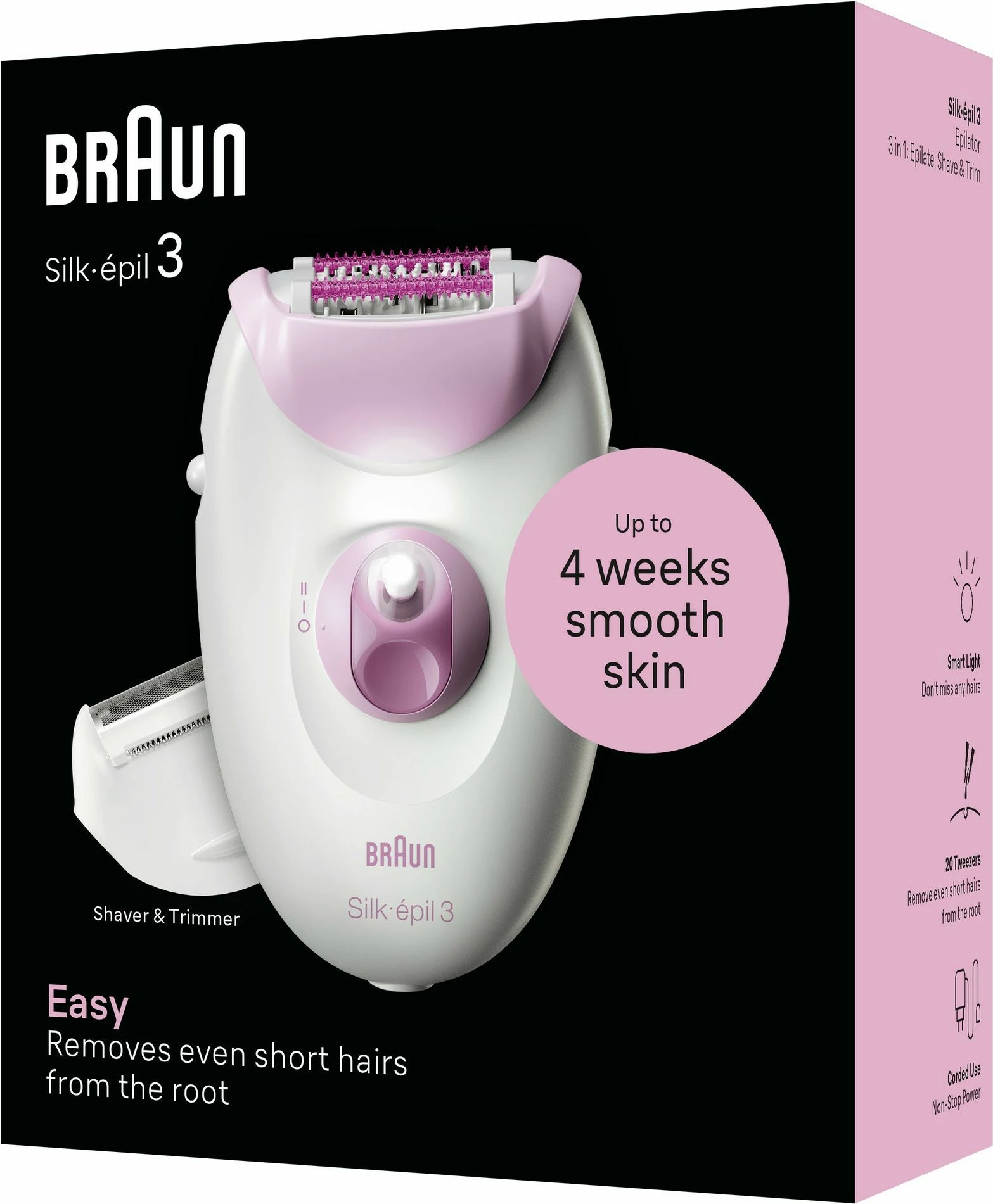 Epilator Braun Silk-épil 3 3-031, 20 pinceta, dritë, trimmer, rozë/bardhë