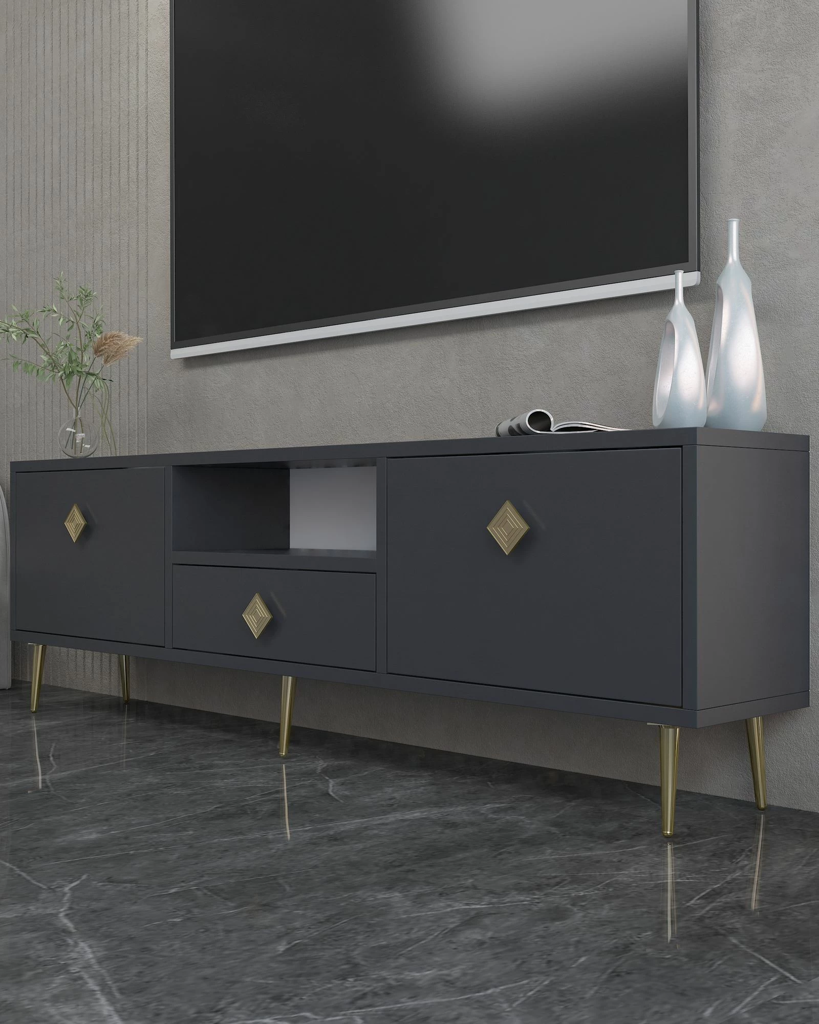 Komodë TV, ngjyrë antracit dhe ari, Skye Decor, 1308-DROP-1