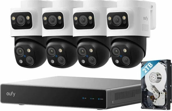 Sistem monitorimi NVR PoE Anker eufy Security S4 Max (E8E00322), 8 kanal (deri 16), HDD 2TB, 4x kamera 16MP 4K+2K PTZ IP65, set 5 copë, bardh/zi