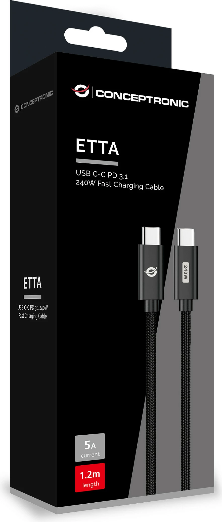 Kabllo USB-C në USB-C Conceptronic ETTA03B20, PD 3.1 240W, 2 m, e zezë