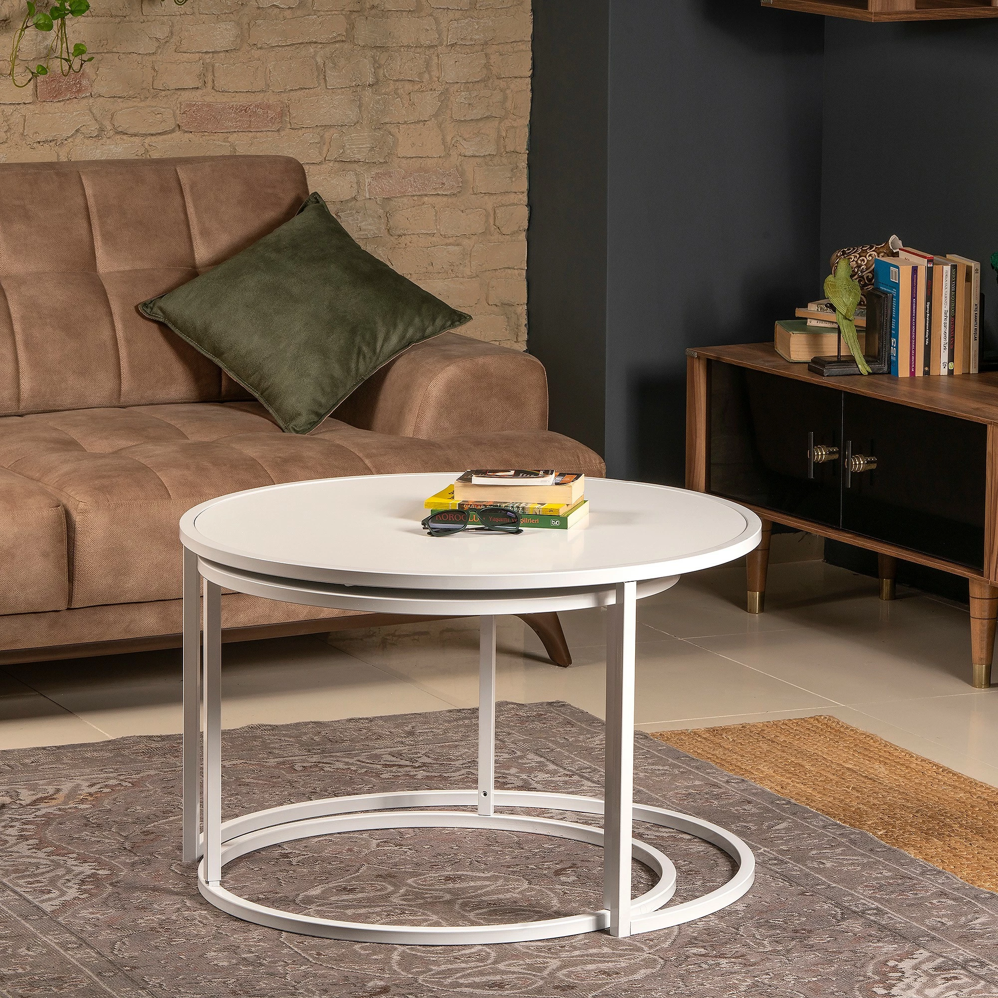 Set tavolinash të mbivendosura Hanah Home, model Tambur, të bardha (2 copë)
