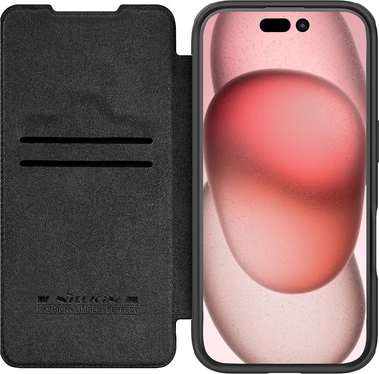 Mbështjellës Nillkin Qin Prop lëkurë për iPhone 16 Pro Max, me kapak kamere dhe mbajtëse, e zezë