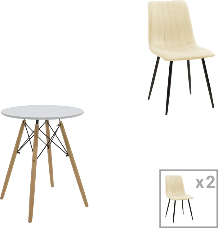 Set tavoline me karrige, Julita-Noor, MDF e bardhë, karrige me material bezhë, 3 copë, Φ60x73cm