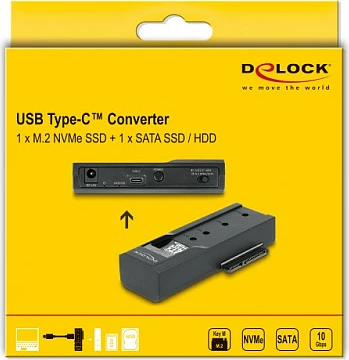 Konvertues USB Type-C DeLOCK për M.2 NVMe/SATA dhe SATA 2.5"/3.5", USB 3.2 Gen 2, i zi